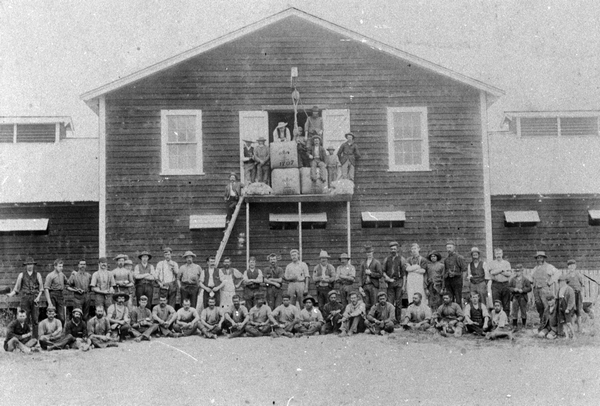 Workers outside the woolshed at Te Parae
