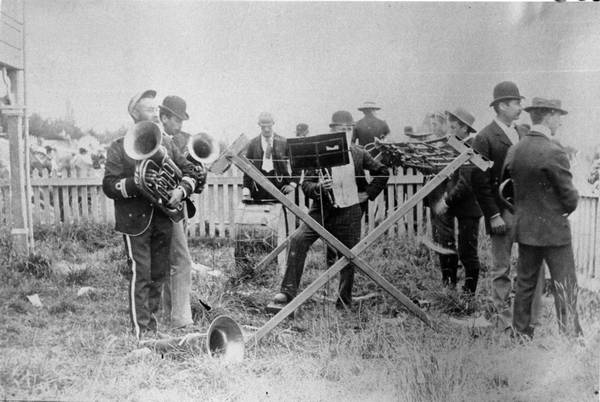 Brass band preparing to play at Greytown : photograph