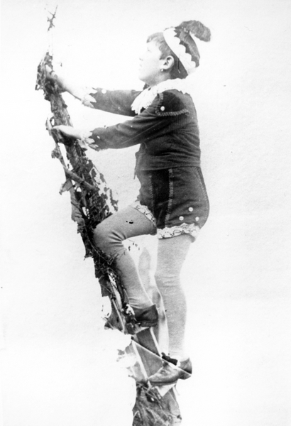 A boy in costume climbing a ladder