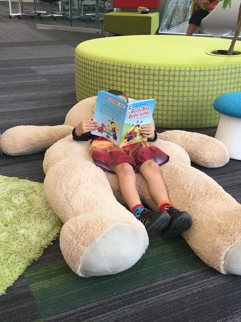 Child reading with teddy bear 2