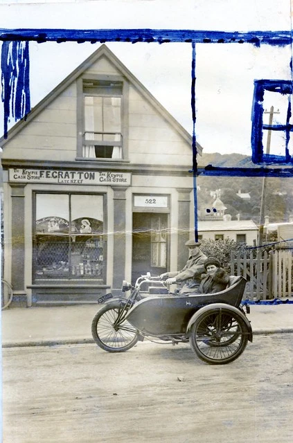 Indian Powerplus Motorcycle outside the Kewpie Cash Store at 522 King Street, 1923. Additions to photograph show proposed alterations to building