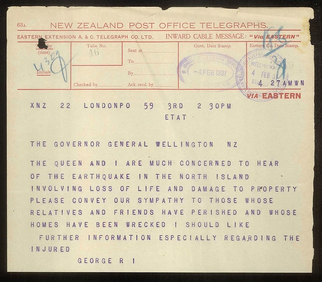 1931 Hawke's Bay Earthquake - Telegram from King George V