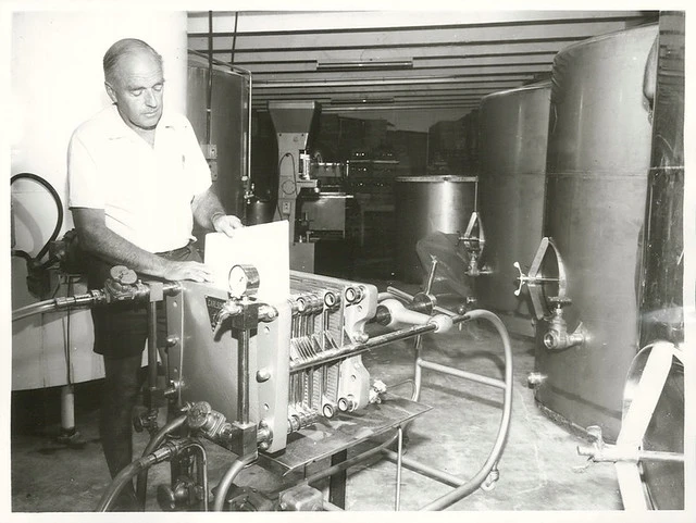 Lionel Collard, of Sutton Baron Vineyards, Lincoln Road, Henderson, inspects modern wine-making equipment in his winery