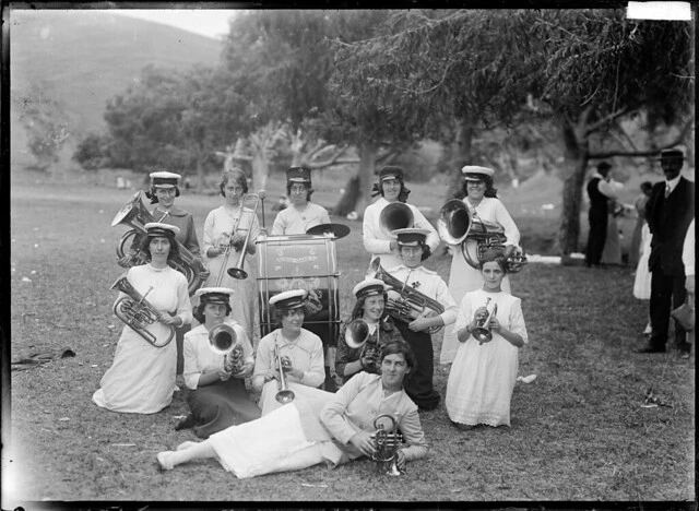 Temperance Ladies' Brass Band, possibly in Auckland, ca 1910s
