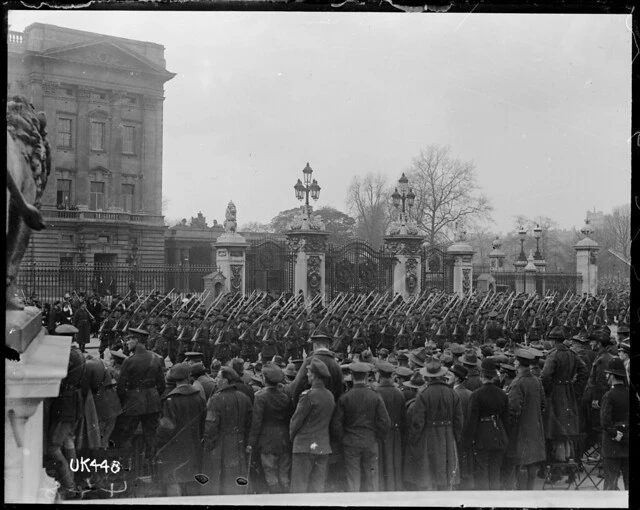 Australian troops march past Buckingham Palace after World War I, 1919