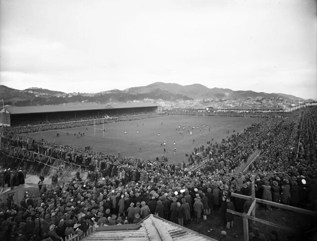 View of a rugby game at Athletic Park, Berhampore, Wellington, 1920s