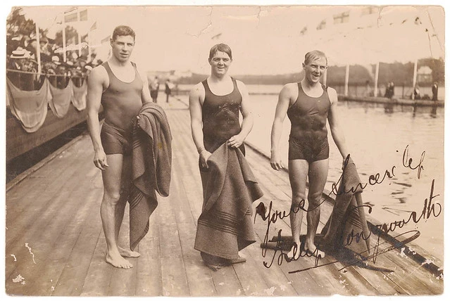 Harold Hardwick, William Longworth and [either Australian Leslie Boardman or Malcom Champion of New Zealand, right], Stockholm Olympics, 1912 / unknown photographer