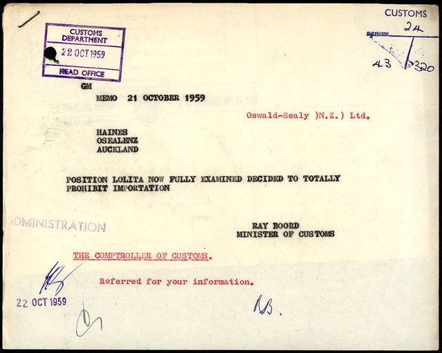 Telegram Announcing prohibition of the novel 'Lolita'