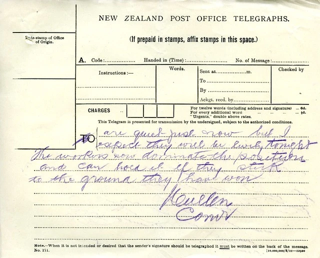 Waihi Strike Telegrams from Police Commissioner John Cullen, 9 November 1912 (5 of 5)