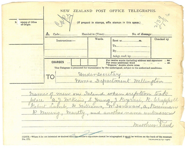 Telegram re: White Island Eruption 1914
