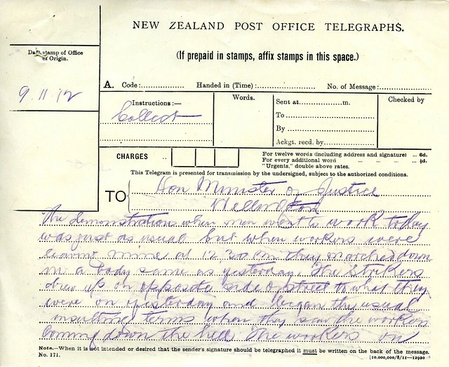 Waihi Strike Telegrams from Police Commissioner John Cullen, 9 November 1912 (1 of 5)