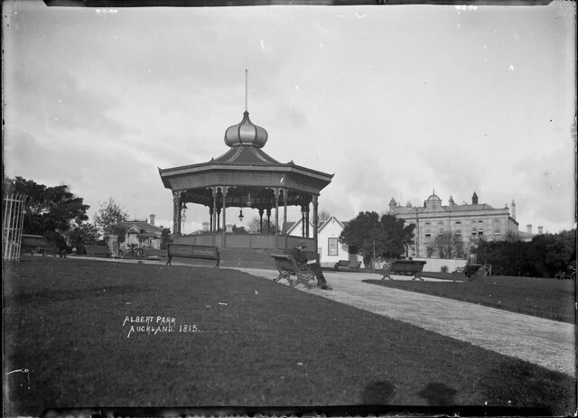 View of the bandstand in Albert Park, Auckland, ca 1908-1910