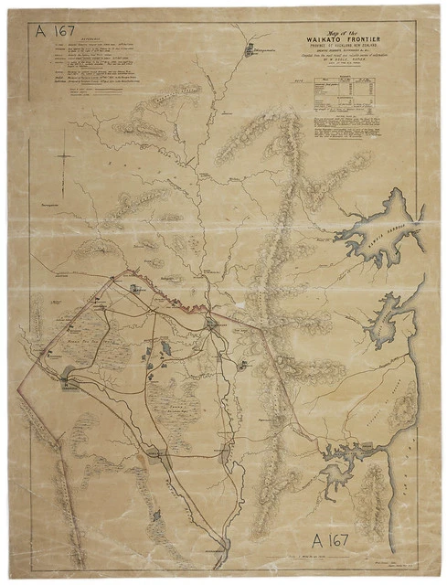 Waikato Frontier - Showing redoubts, blockhouses etc, telegraph lines - scale 2 miles:1 inch - W. Bogle (no date)
