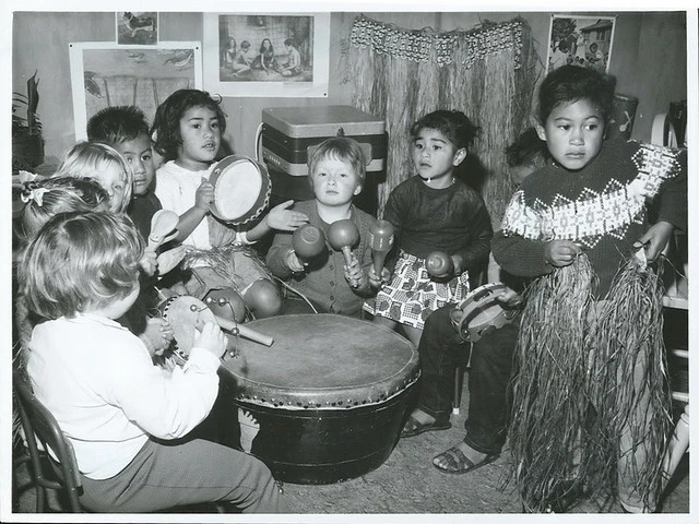 At the Logen Campbell Kindergarten in Auckland, the teacher leads her class in a music lesson