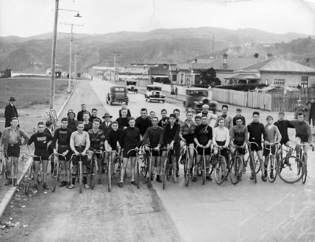Cyclists lined up on the Petone Esplanade, ca 1930s