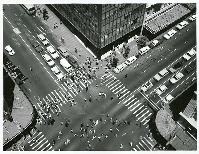Queen Street and Victoria Street intersection, looking down from A.N.Z. Bank Building, Auckland