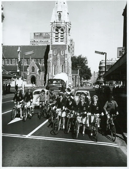 Burnside High School pupils in Colombo Street, at Gloucester Street corner, Christchurch