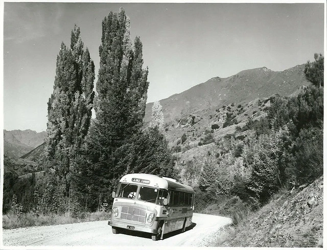 Tiki Tour Bus on the Coronet Peak Road, Queenstown, Otago.
