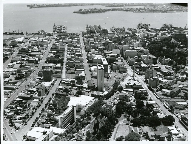 Auckland. Aerial taken from above Karangahape Road, Greys Avenue in the foreground.