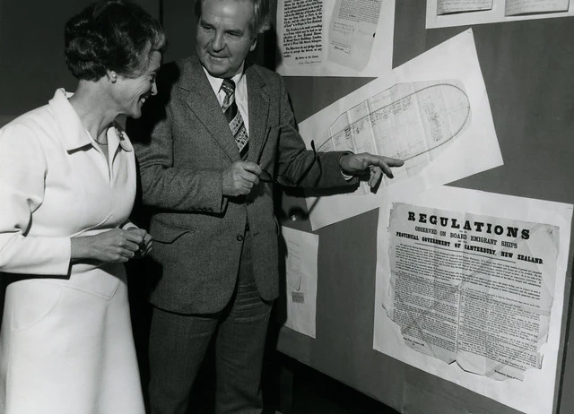 Judith Hornabrook, Chief Archivist, National Archives with Alan Highet, Minister of Internal Affairs at National Archives Open Day, 24 November 1979