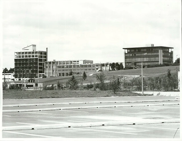 Hamilton Teachers Training College on left and Waikato University Library Building on right