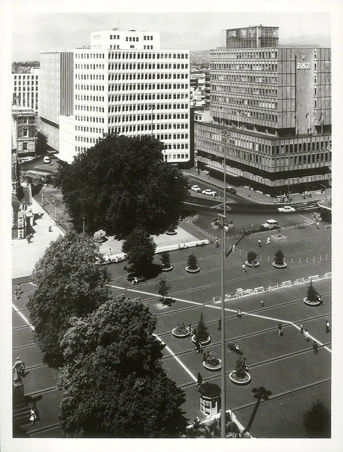 Looking South East across Cathedral Square to the high rise office building of the Housing Corp. and BNZ