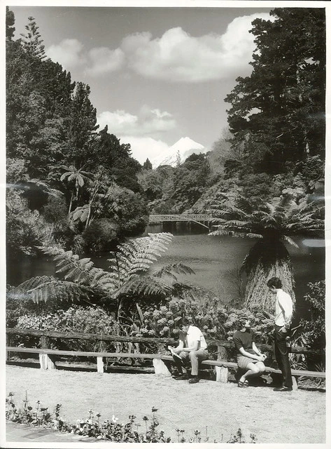 View of the Lake at Pukekura Park, New Plymouth, showing Mount Egmont. Taranaki