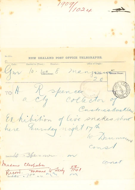 Telegram to Auckland Customs regarding Snake Charmer Cleopatra (1909)