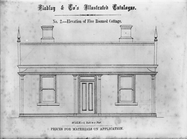 Findlay & Co. :Findlay and Co's illustrated catalogue. No. 2. Elevation of five roomed cottage. Scale 1/4 inch to a foot. Prices for material on application. [1874]