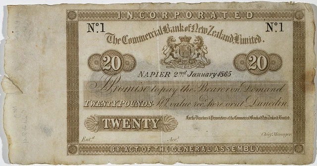 Commercial Bank of New Zealand Limited. :[Banknote for] twenty pounds. Napier 2nd January 1865. By act of the General Assembly. Perkins, Bacon & Co. London.