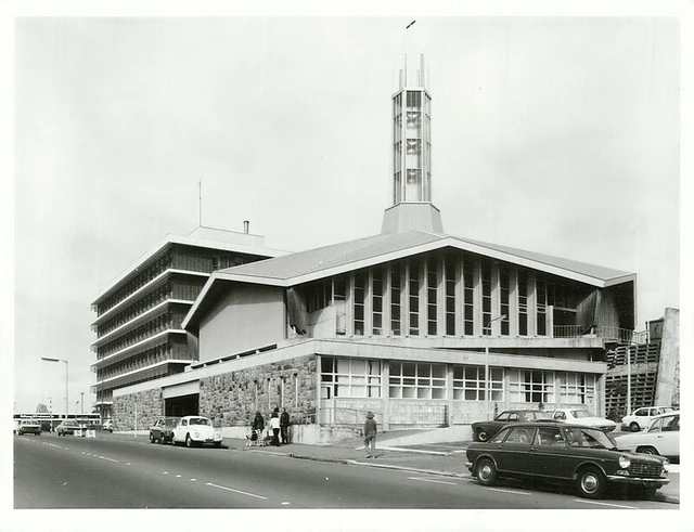 St. Joseph's Roman Catholic Church with the Atkinson Building, local Government offices behind, New Plymouth