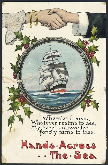 Postcard. Hands across the sea. Where'er I roam, Whatever realms to see, my heart untravelled fondly turns to thee. Wildt & Kray, London, E.C. Series 1681. Printed in Saxony [ca 1909]