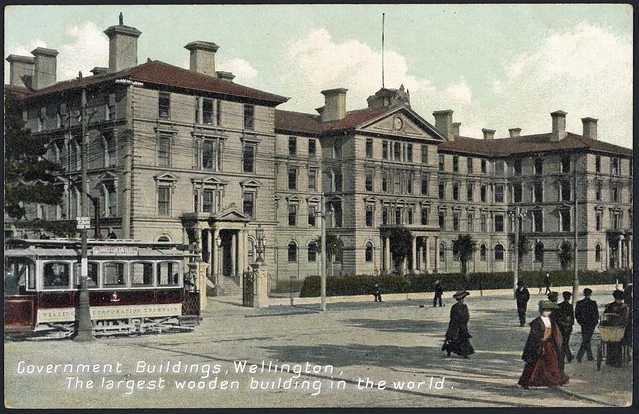 Postcard. Government Buildings Wellington; the largest wooden building in the world. New Zealand post card (carte postale). F T Series no 2614. Printed in Britain. [1904-1914].