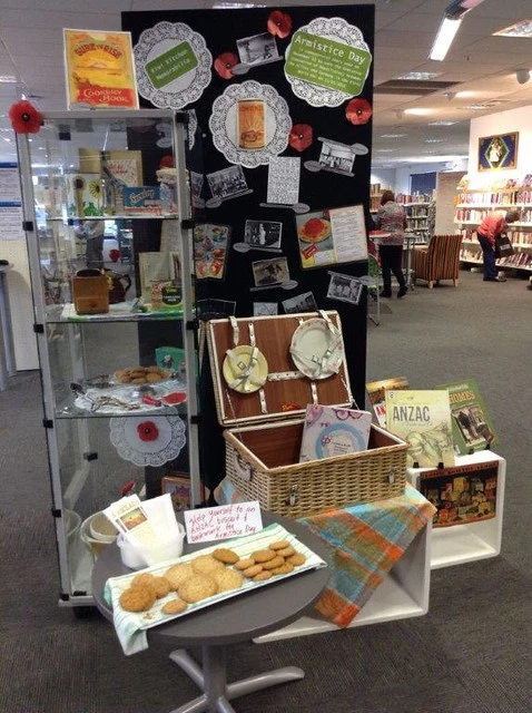 Armistice Day display with free biscuits