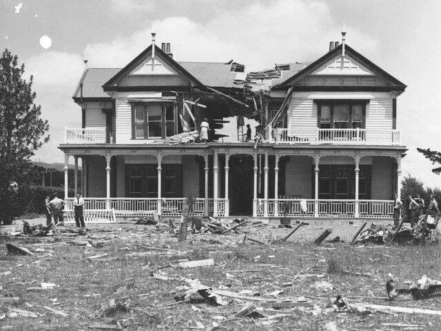 Ashhurst house after being hit by a plane, 1940