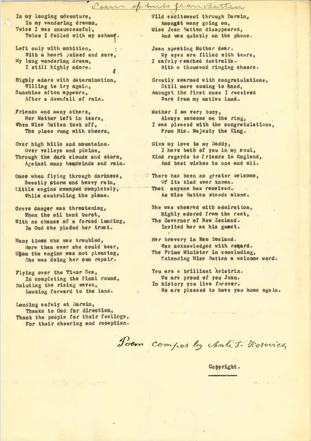 Copyright File- Untitled [Antetoni Kosovich, Auckland] - 'Poem of Miss Jean Batten'