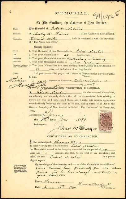 Robert Nicolai, naturalisation application (1899)