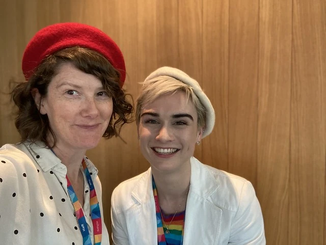 Louisa and Alice in berets - Ngaio Marsh Beret Day