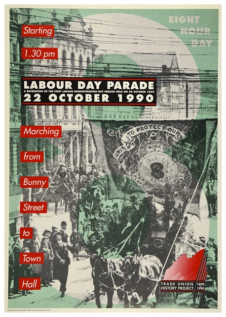 Poster celebrating 100 years of Labour Day Parades, 1990