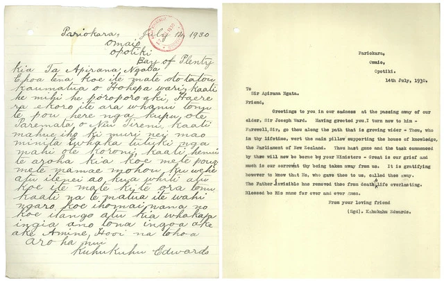 Letter in Te Reo from Kuhukuhu Edwards to Apirana Ngata