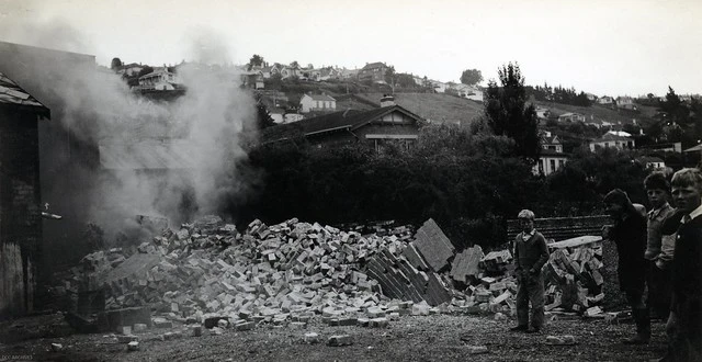 Demolition of Kaikorai Cable Car Power House Chimney, c1956