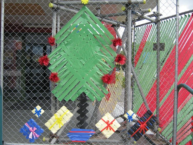Christmas decorations on scaffolding at Papanui Library