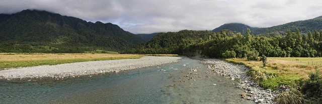 Arahura Valley, looking towards the cloud covered Southern Alps, Milltown, West Coast, New Zealand.