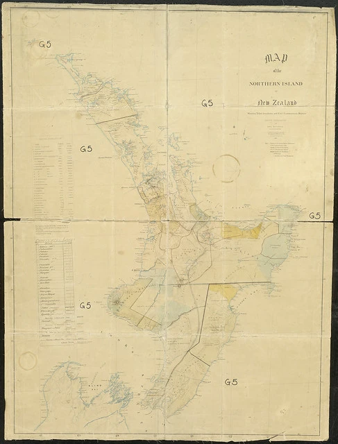 Map of the North Island, with confiscated land blocks, iwi boundaries and Māori population, 1863