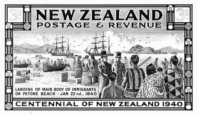 Stamp of NZ Company settlers arriving in Pito-one (Petone), 1840