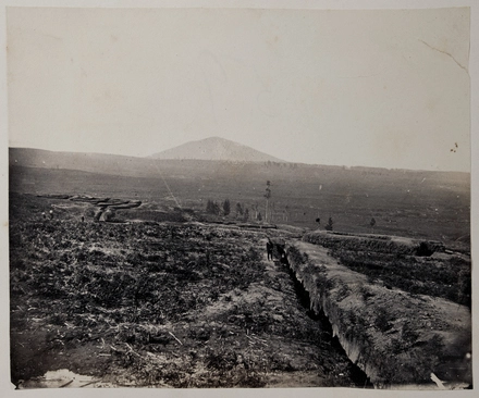 View of the lines of rifle pits connecting the redoubts at Paterangi Kakepuku Mt in the distance New Zealand