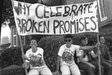 Protesters with 'Why Celebrate Broken Promises' banner, Waitangi protest