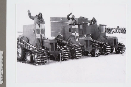 Sir Edmund Hillary, Derek Wright and Murray Ellis with Ferguson tractors. South Pole, 3 January 1958.