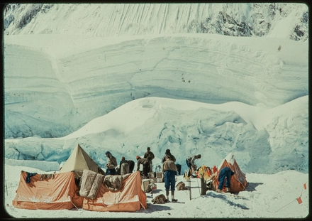 [Camp 111 at the top of the icefall, Nepal. Sir Edmund Hillary at left, John Hunt, centre, in braces]