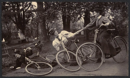 [Three unidentified women nurses falling off bicycles, Auckland Lunatic Asylum]